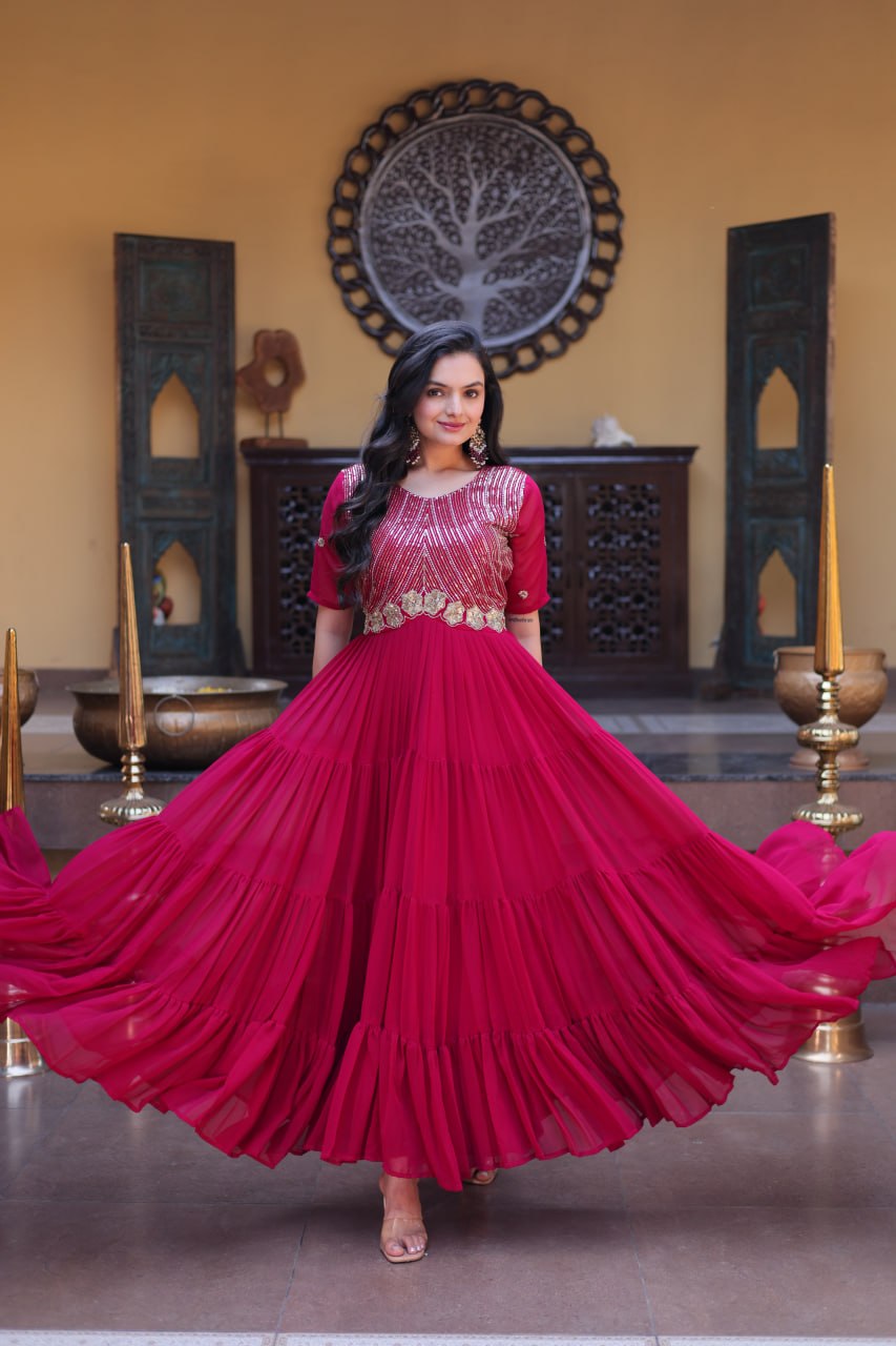 Women's Designer Pleated Anarkali Gown | Heavy Sequins Embroidered Party Wear Long Flared Ethnic Dress | Wedding & Festive Wear