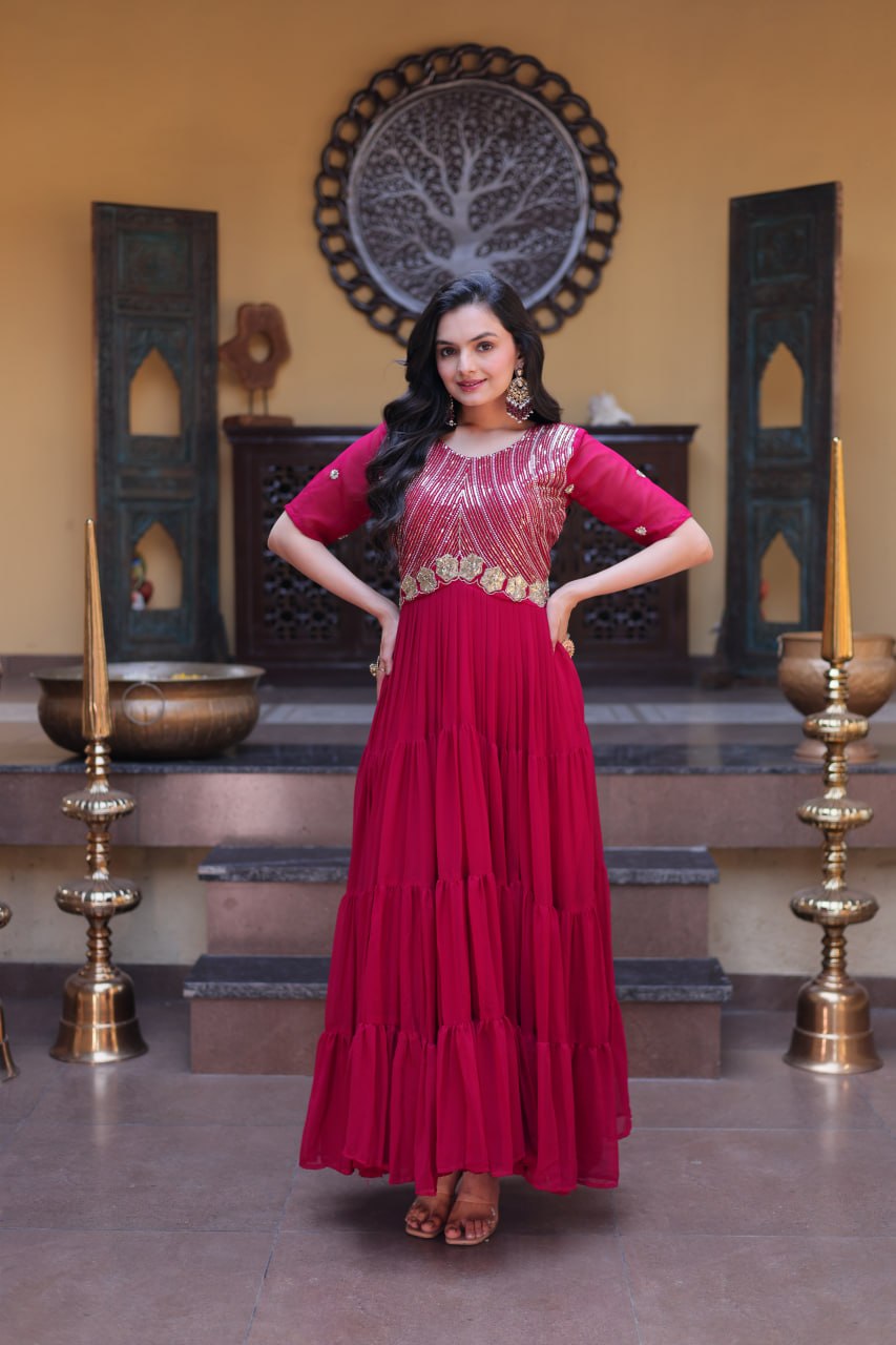 Women's Designer Pleated Anarkali Gown | Heavy Sequins Embroidered Party Wear Long Flared Ethnic Dress | Wedding & Festive Wear