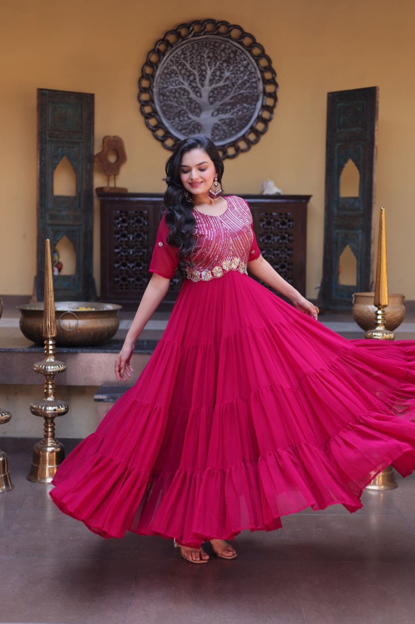 Women's Designer Pleated Anarkali Gown | Heavy Sequins Embroidered Party Wear Long Flared Ethnic Dress | Wedding & Festive Wear