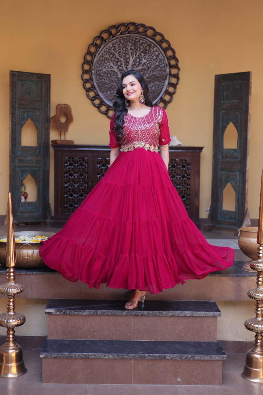 Women's Designer Pleated Anarkali Gown | Heavy Sequins Embroidered Party Wear Long Flared Ethnic Dress | Wedding & Festive Wear