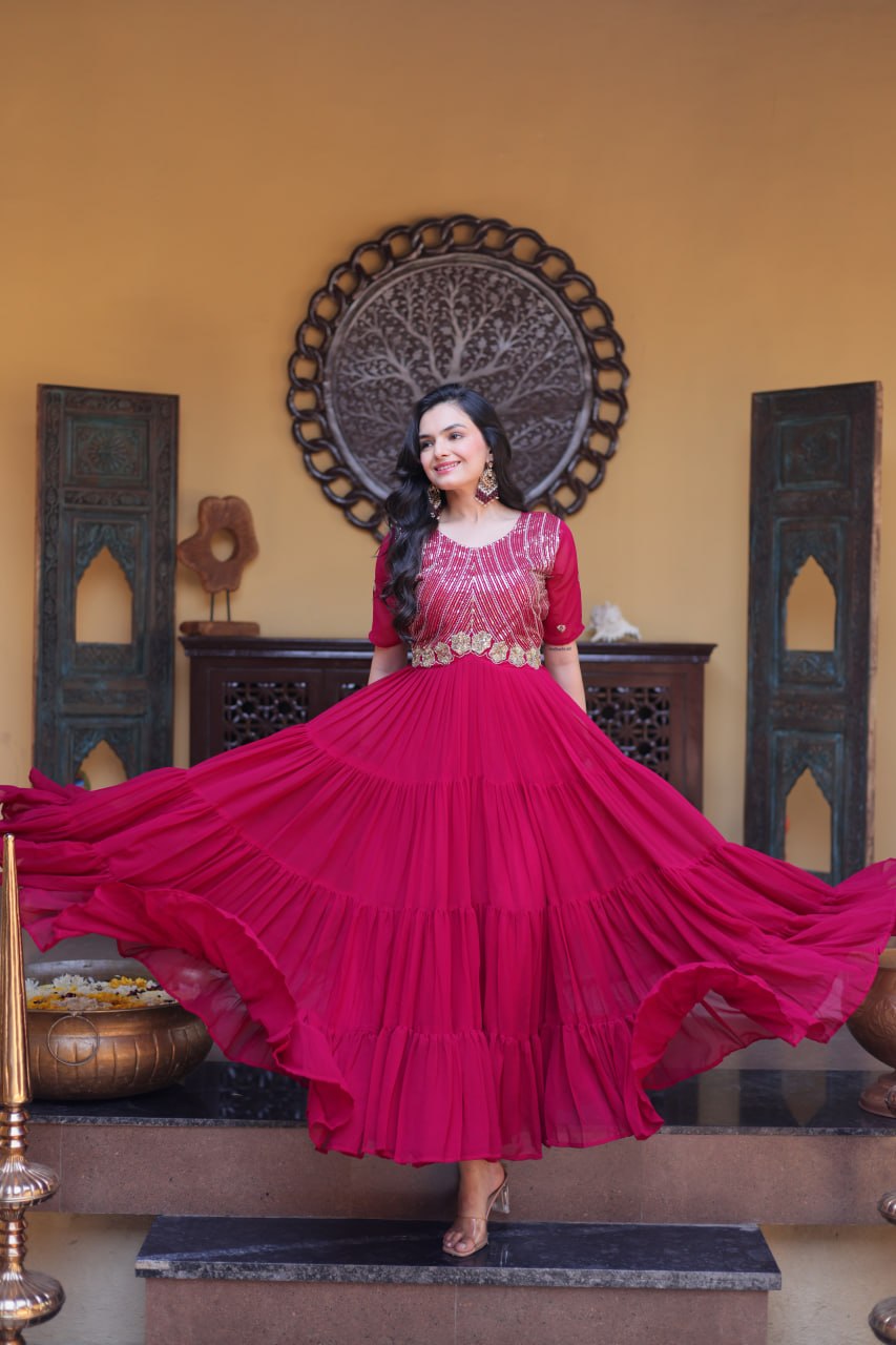 Women's Designer Pleated Anarkali Gown | Heavy Sequins Embroidered Party Wear Long Flared Ethnic Dress | Wedding & Festive Wear