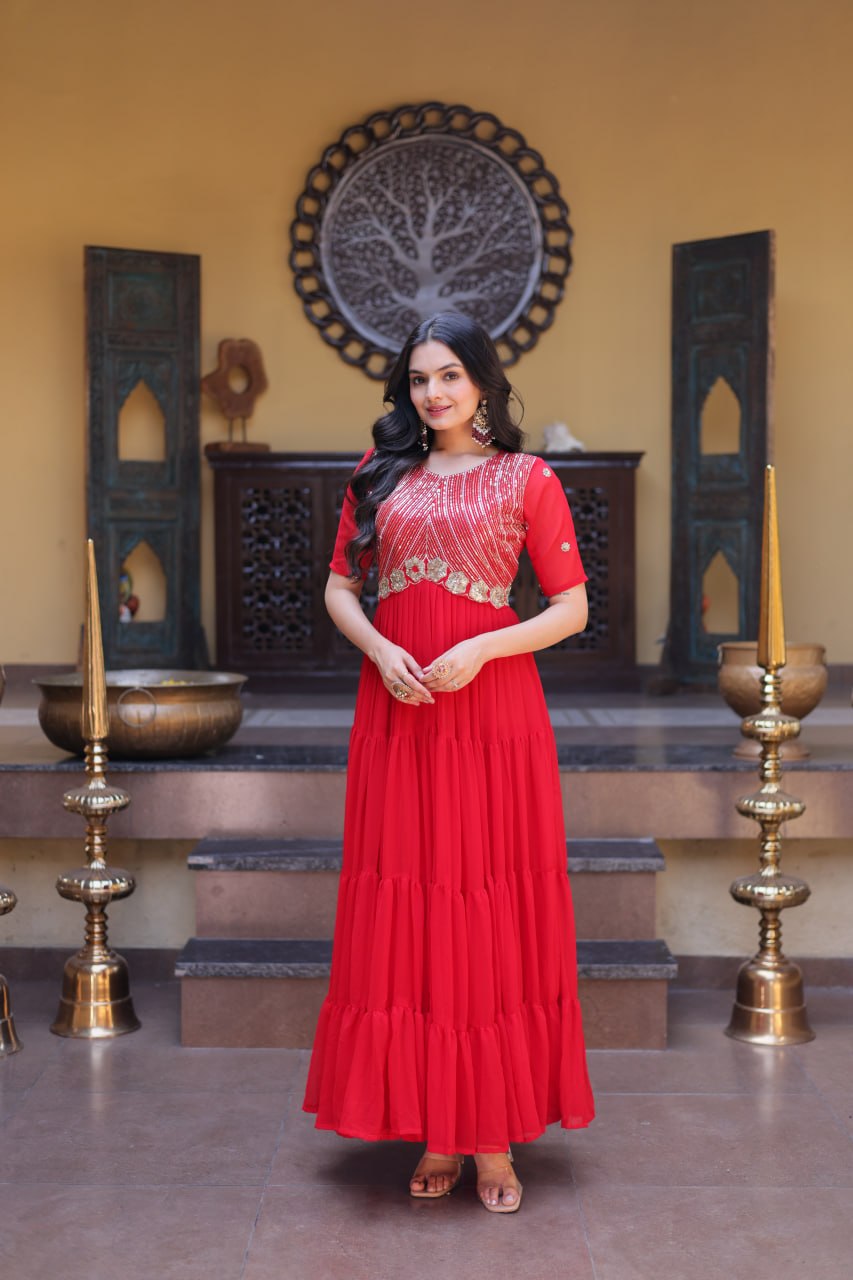 Women's Designer Pleated Anarkali Gown | Heavy Sequins Embroidered Party Wear Long Flared Ethnic Dress | Wedding & Festive Wear