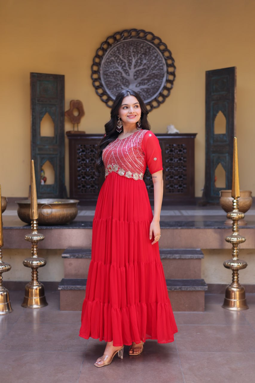 Women's Designer Pleated Anarkali Gown | Heavy Sequins Embroidered Party Wear Long Flared Ethnic Dress | Wedding & Festive Wear