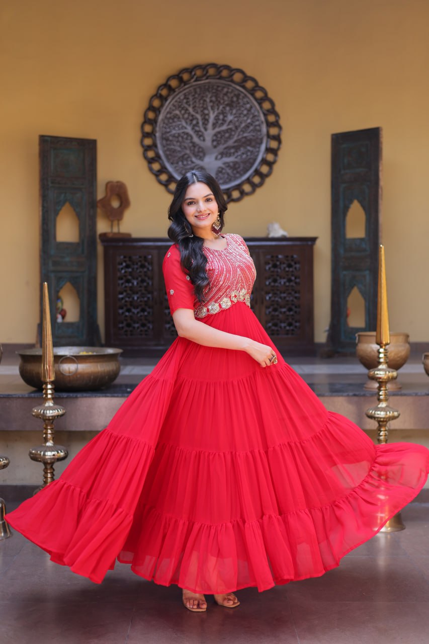 Women's Designer Pleated Anarkali Gown | Heavy Sequins Embroidered Party Wear Long Flared Ethnic Dress | Wedding & Festive Wear