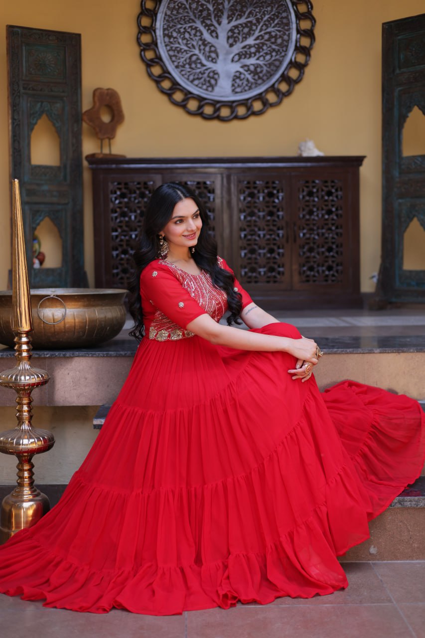 Women's Designer Pleated Anarkali Gown | Heavy Sequins Embroidered Party Wear Long Flared Ethnic Dress | Wedding & Festive Wear