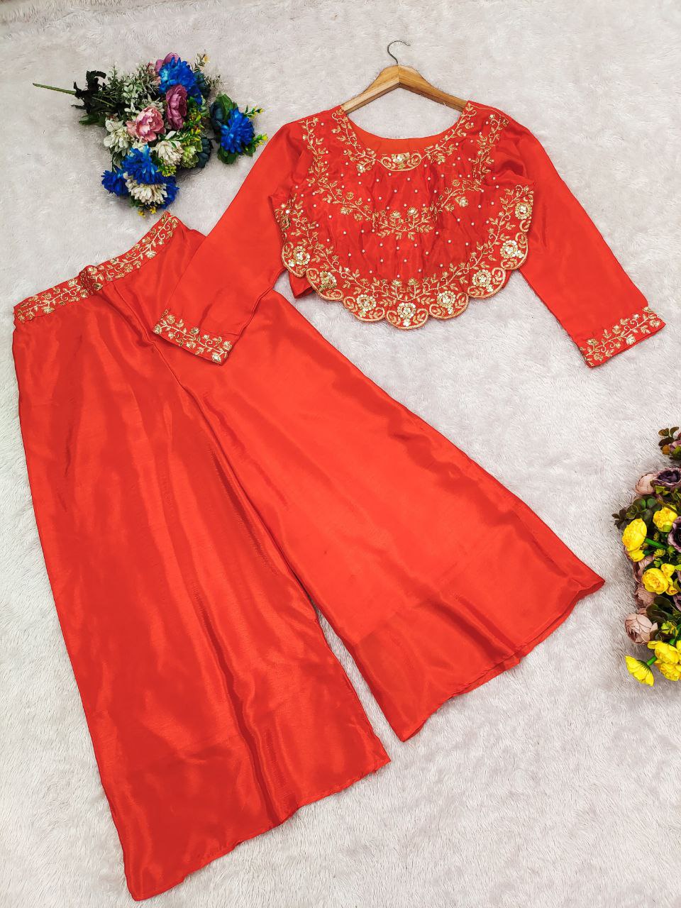 Stylish Pink Festive Wear Palazzo Set with Heavy Embroidery Work