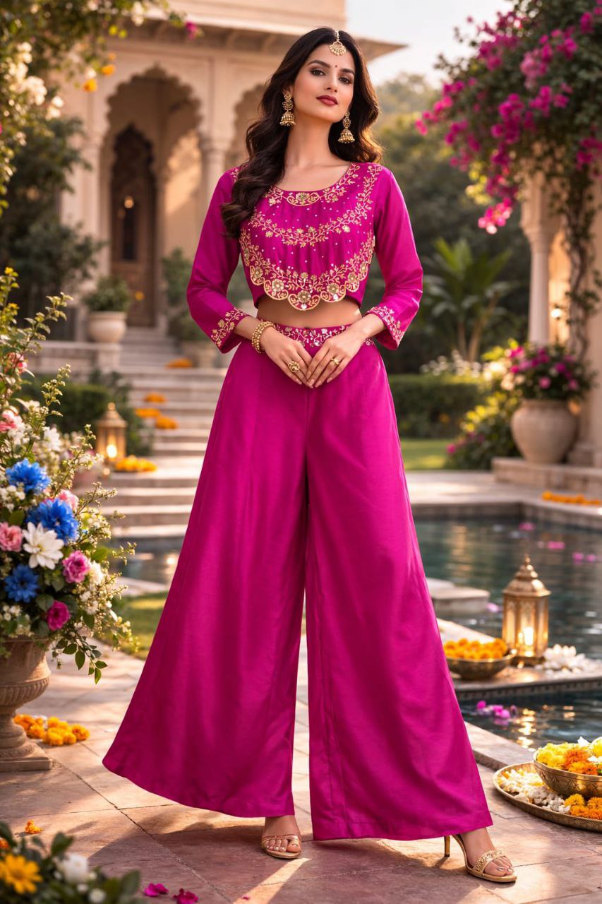 Stylish Pink Festive Wear Palazzo Set with Heavy Embroidery Work