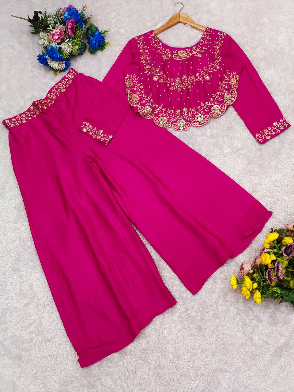 Stylish Pink Festive Wear Palazzo Set with Heavy Embroidery Work