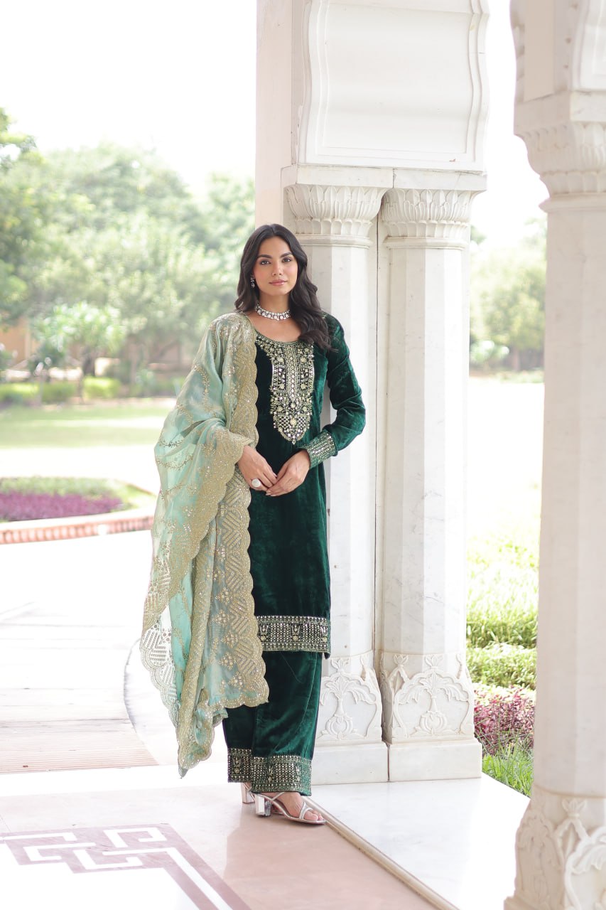 Bottle Green Sequins Embroidered Velvet Trouser Kameez