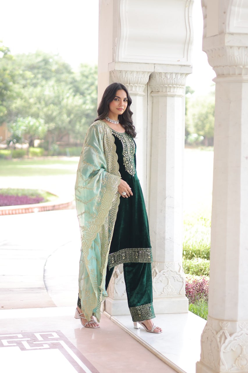 Bottle Green Sequins Embroidered Velvet Trouser Kameez