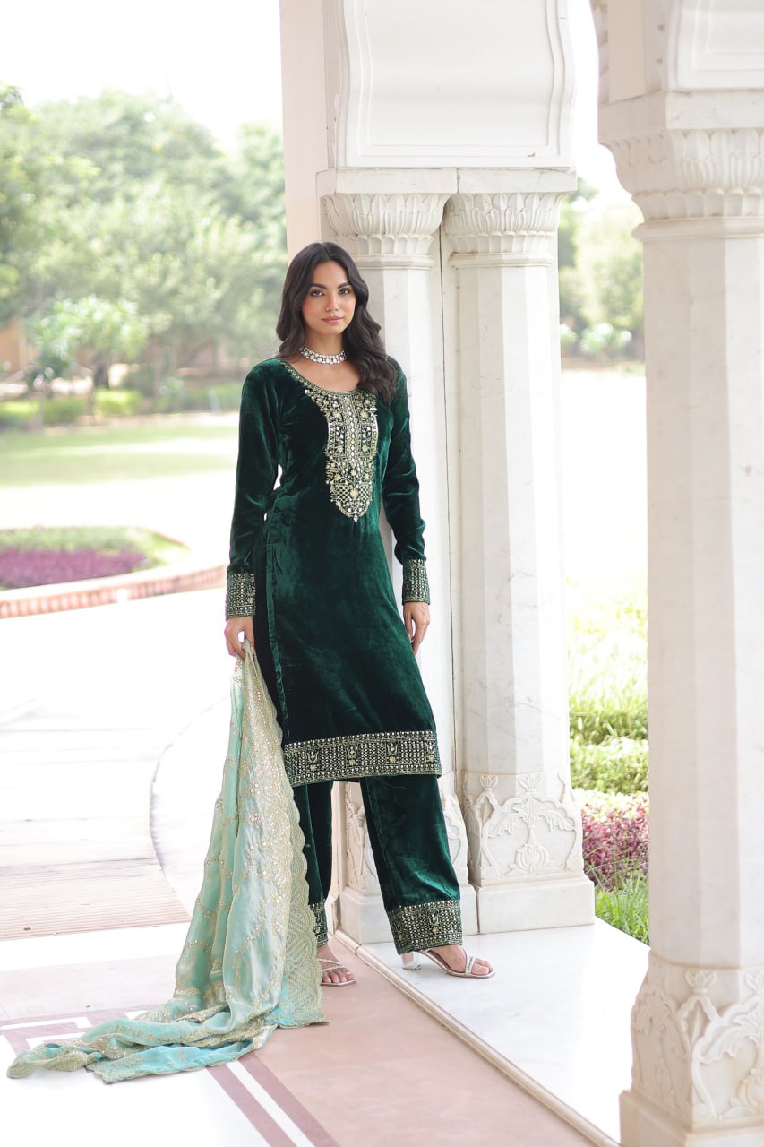 Bottle Green Sequins Embroidered Velvet Trouser Kameez
