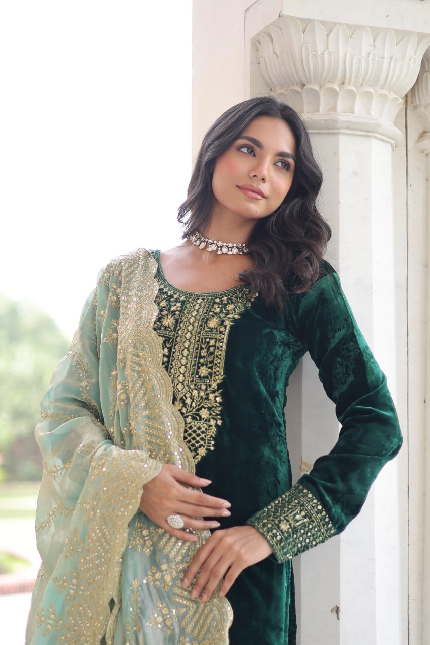 Bottle Green Sequins Embroidered Velvet Trouser Kameez