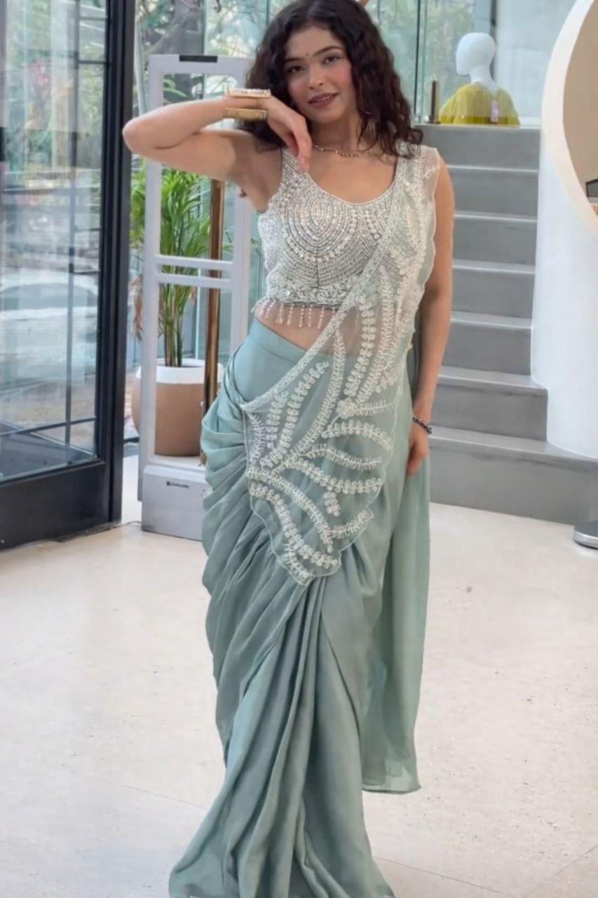 Designer Pastel Green Ready-To-Wear Saree with Heavy Embroidery Blouse | Party Wear Saree Set 💃✨