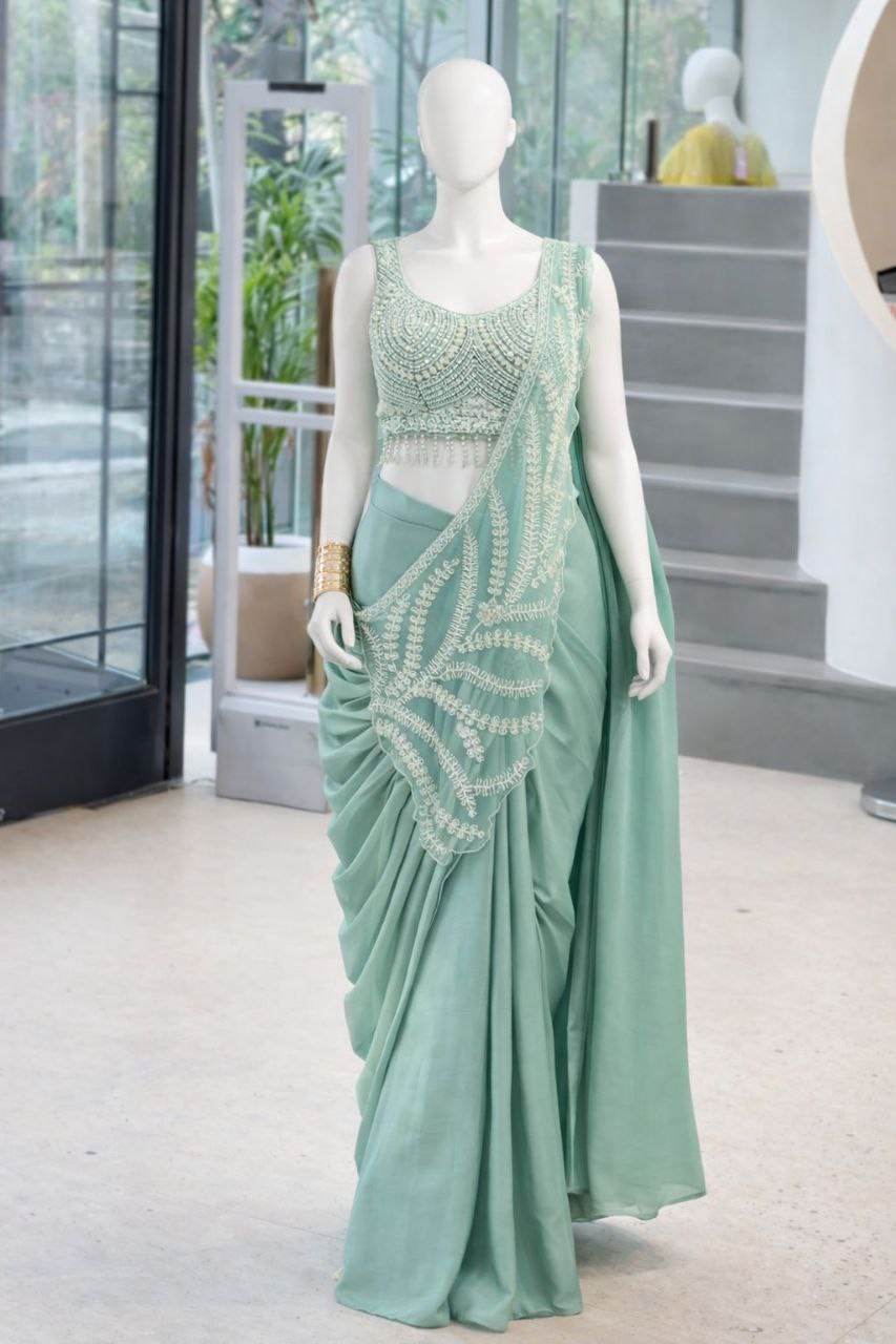 Designer Pastel Green Ready-To-Wear Saree with Heavy Embroidery Blouse | Party Wear Saree Set 💃✨