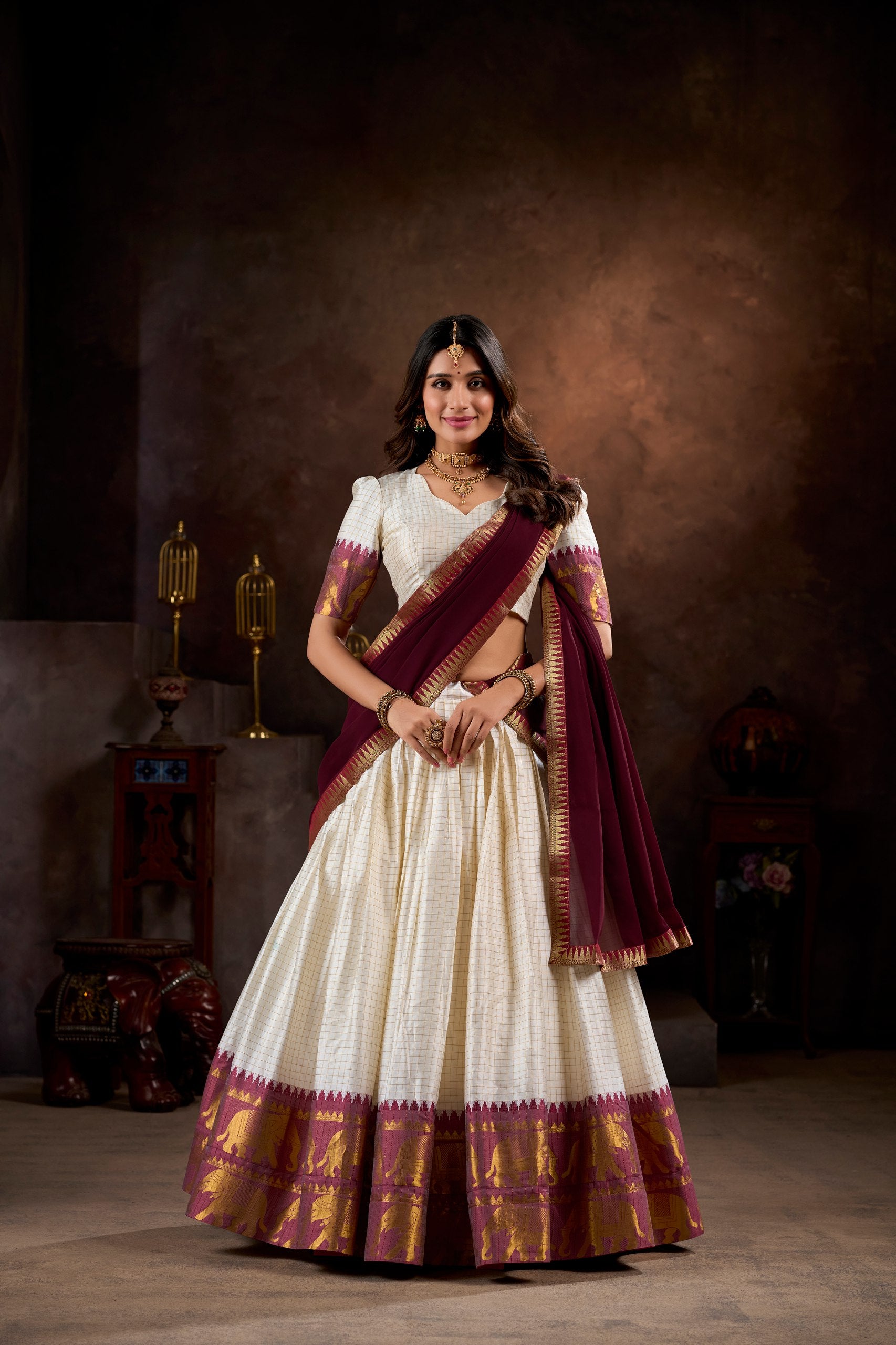 Elegant Cream Lehenga Choli with Maroon Dupatta – Traditional Wear