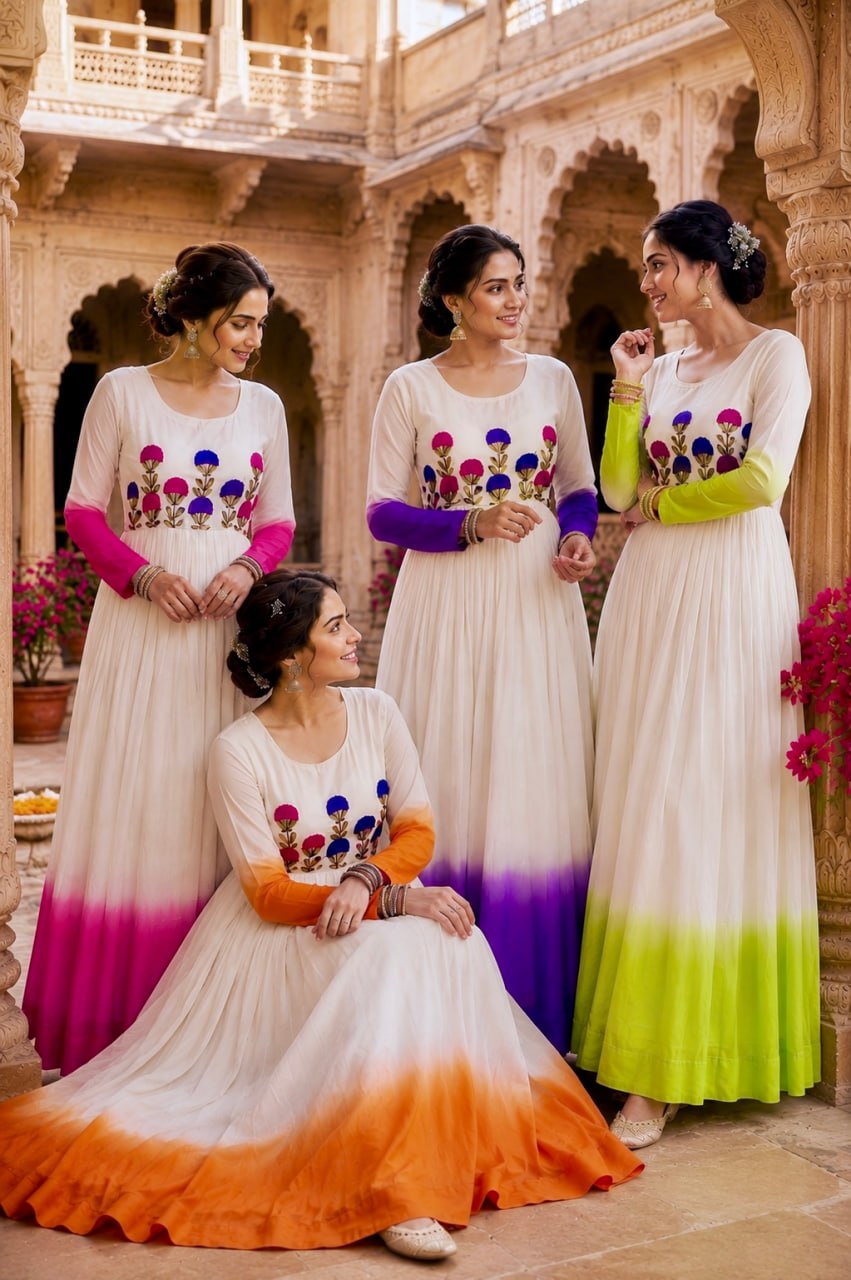 Women's Ombre Anarkali Gown | Floral Embroidered Cotton Blend Long Flared Ethnic Dress | Festive, Party & Casual Wear