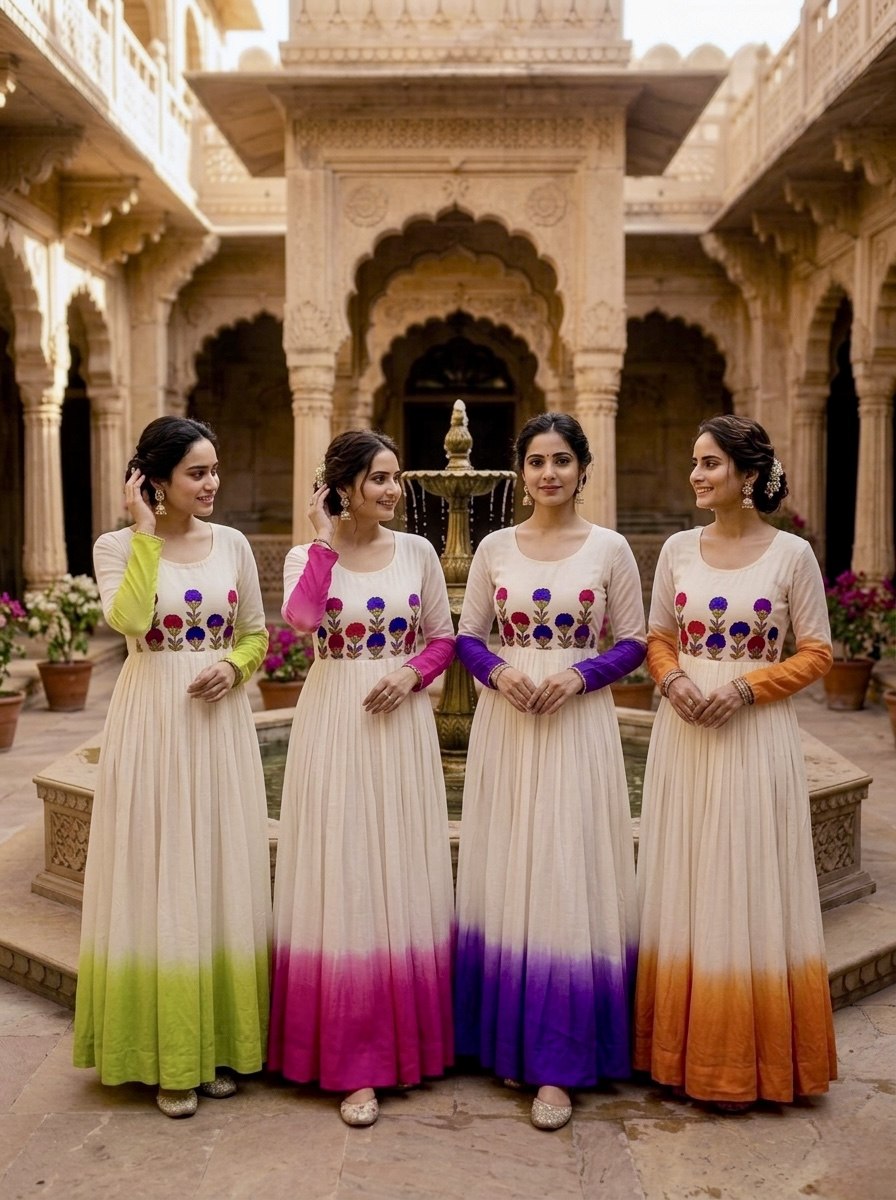 Women's Ombre Anarkali Gown | Floral Embroidered Cotton Blend Long Flared Ethnic Dress | Festive, Party & Casual Wear