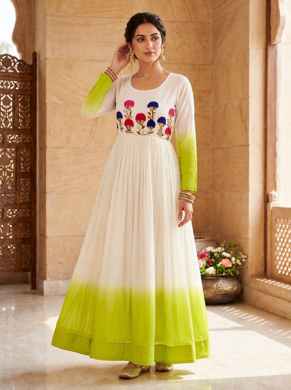 Women's Ombre Anarkali Gown | Floral Embroidered Cotton Blend Long Flared Ethnic Dress | Festive, Party & Casual Wear