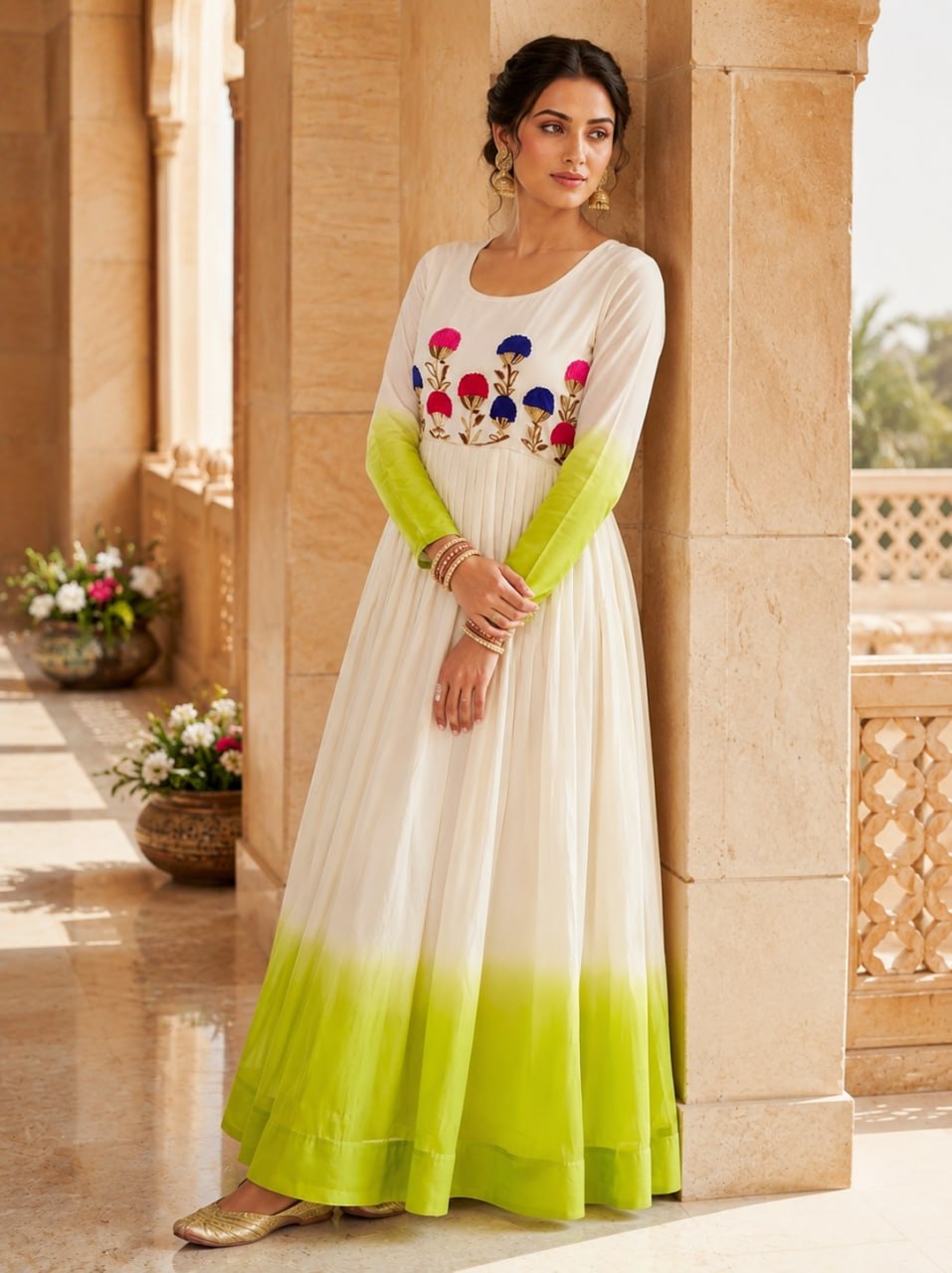 Women's Ombre Anarkali Gown | Floral Embroidered Cotton Blend Long Flared Ethnic Dress | Festive, Party & Casual Wear