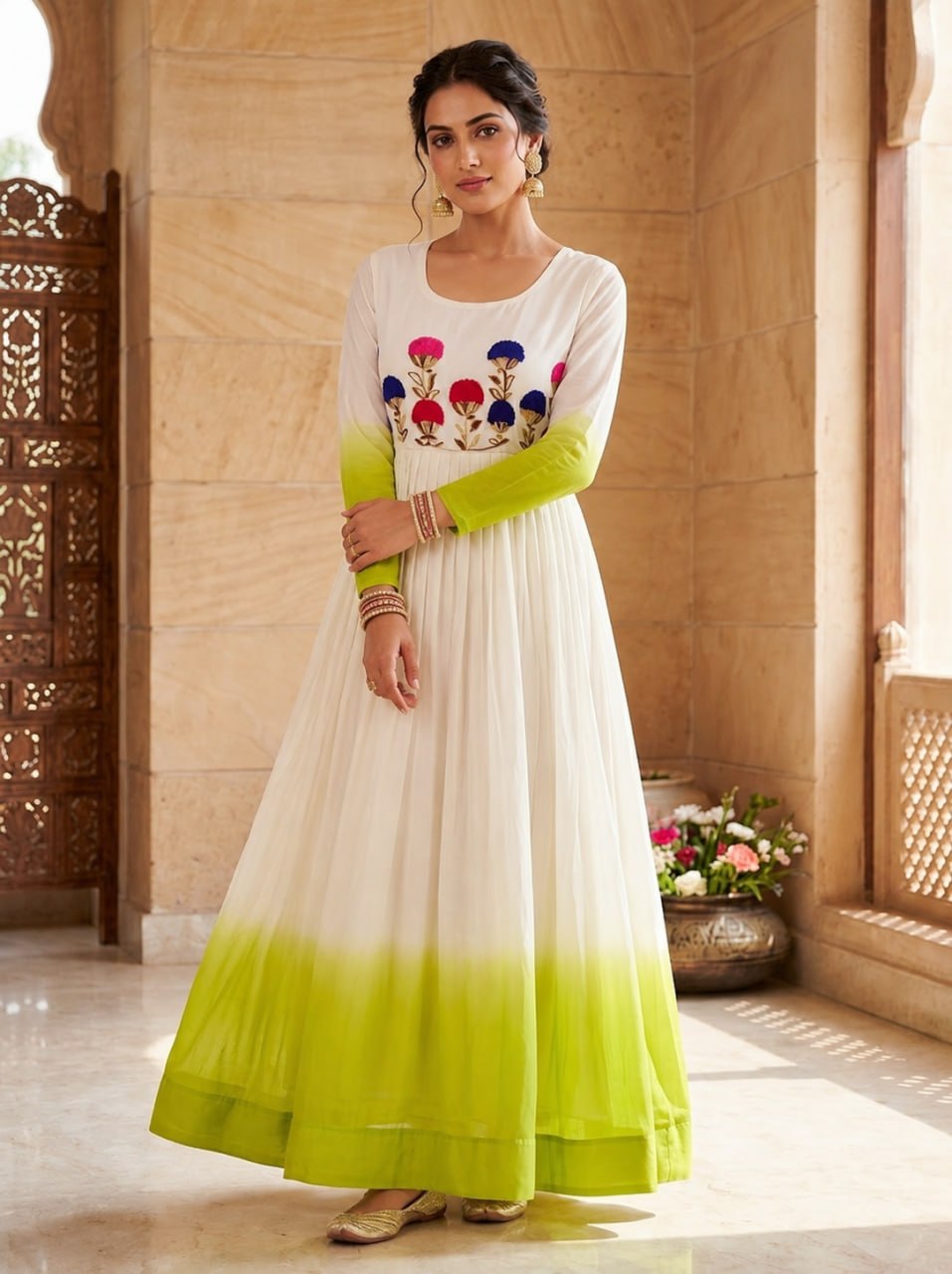 Women's Ombre Anarkali Gown | Floral Embroidered Cotton Blend Long Flared Ethnic Dress | Festive, Party & Casual Wear