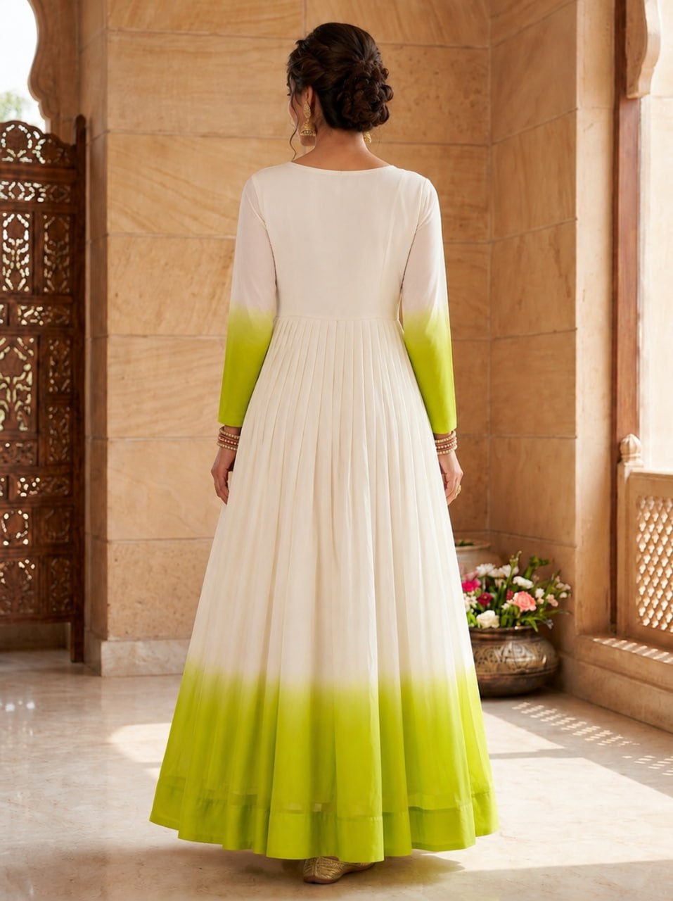 Women's Ombre Anarkali Gown | Floral Embroidered Cotton Blend Long Flared Ethnic Dress | Festive, Party & Casual Wear