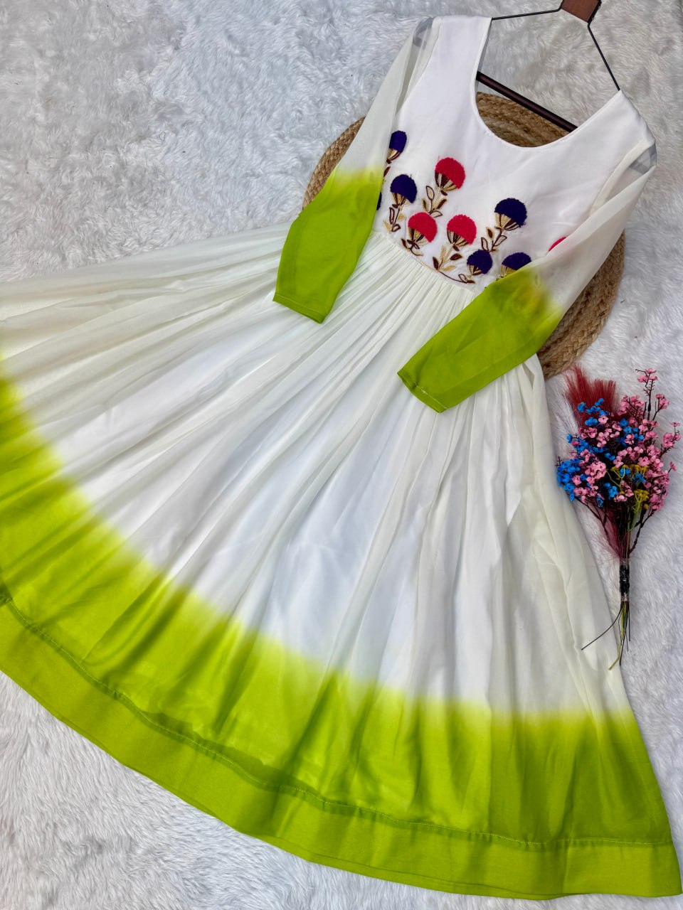 Women's Ombre Anarkali Gown | Floral Embroidered Cotton Blend Long Flared Ethnic Dress | Festive, Party & Casual Wear