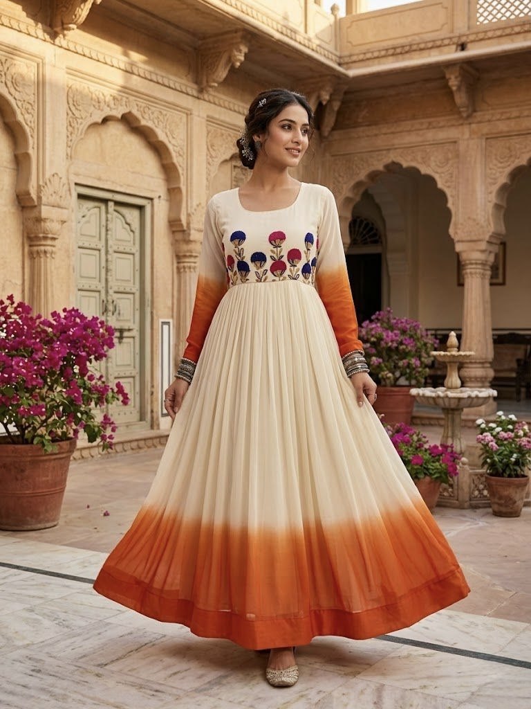 Women's Ombre Anarkali Gown | Floral Embroidered Cotton Blend Long Flared Ethnic Dress | Festive, Party & Casual Wear
