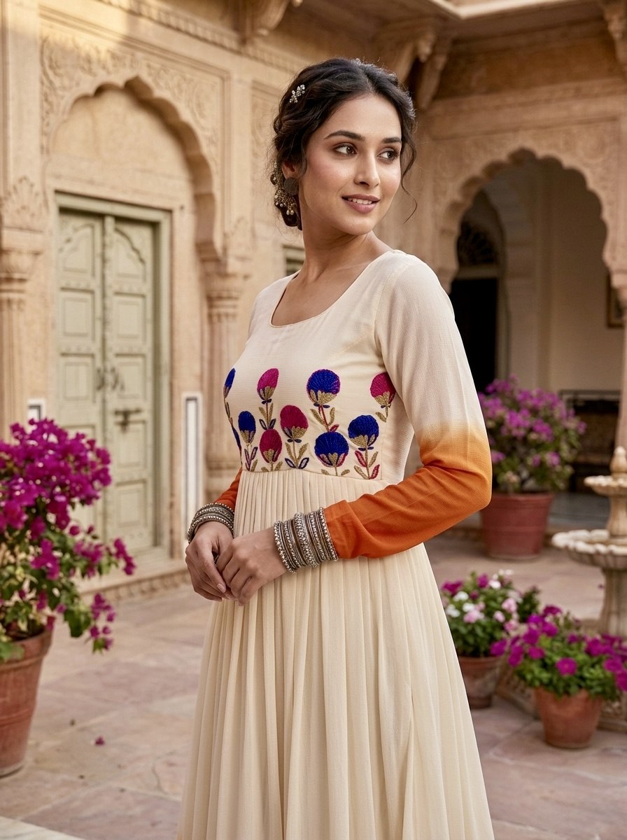 Women's Ombre Anarkali Gown | Floral Embroidered Cotton Blend Long Flared Ethnic Dress | Festive, Party & Casual Wear
