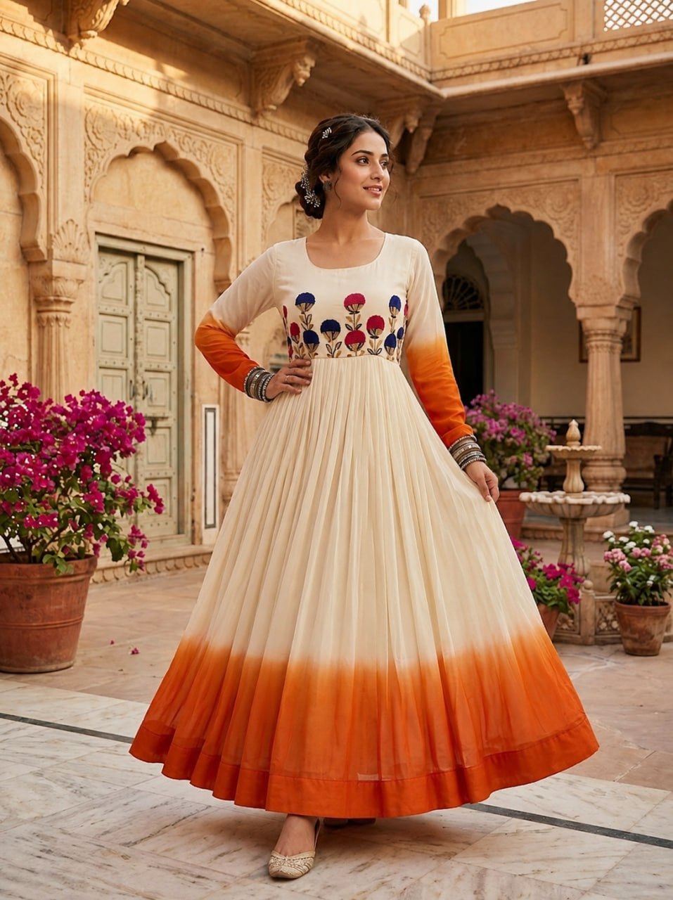 Women's Ombre Anarkali Gown | Floral Embroidered Cotton Blend Long Flared Ethnic Dress | Festive, Party & Casual Wear