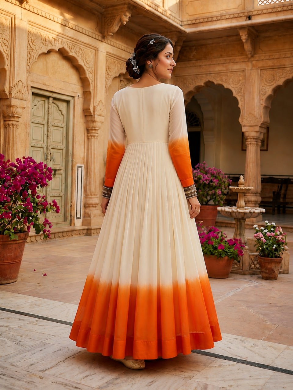 Women's Ombre Anarkali Gown | Floral Embroidered Cotton Blend Long Flared Ethnic Dress | Festive, Party & Casual Wear