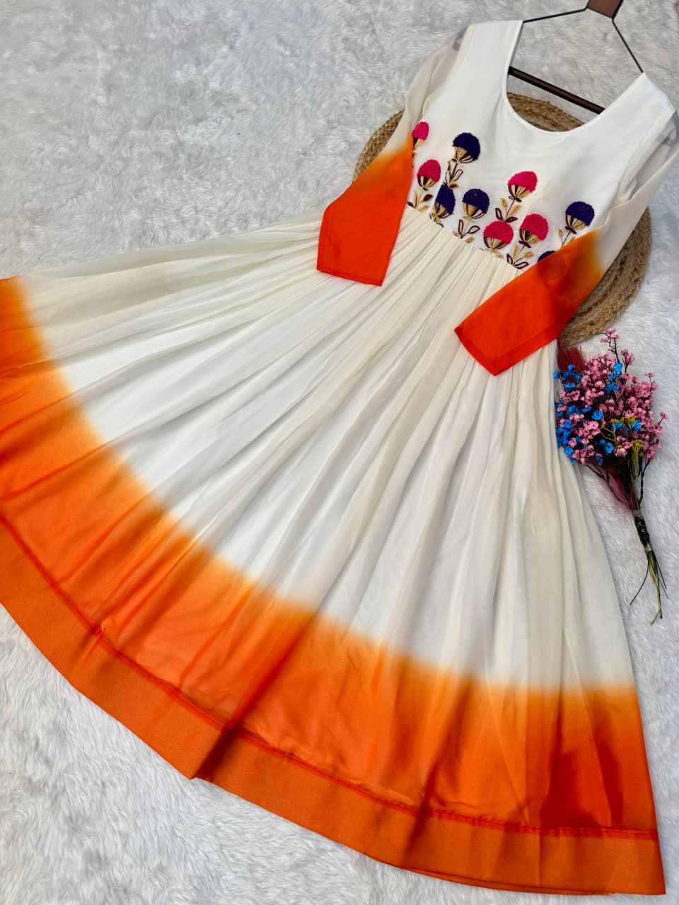 Women's Ombre Anarkali Gown | Floral Embroidered Cotton Blend Long Flared Ethnic Dress | Festive, Party & Casual Wear