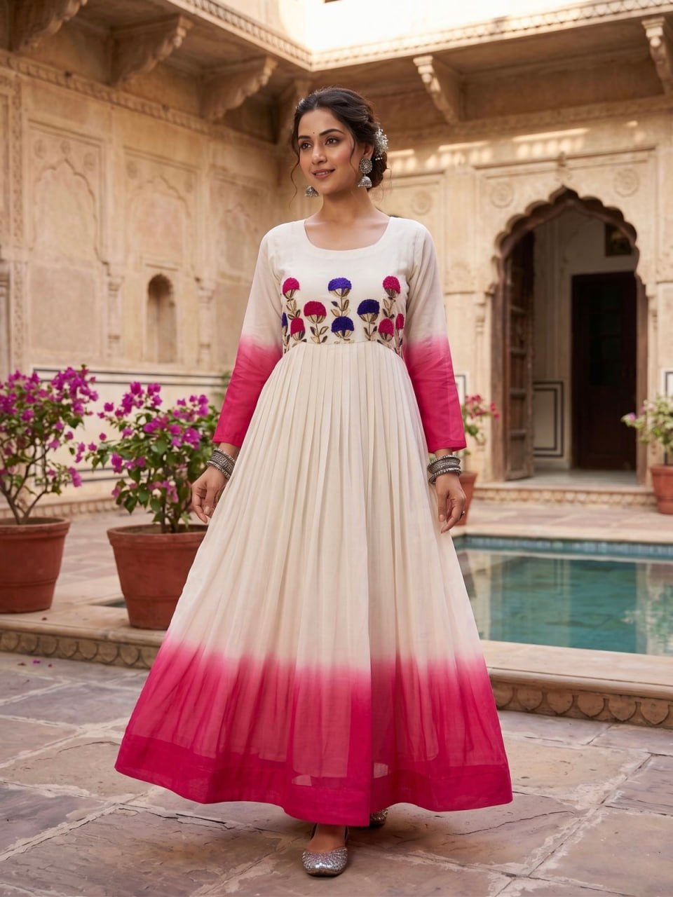 Women's Ombre Anarkali Gown | Floral Embroidered Cotton Blend Long Flared Ethnic Dress | Festive, Party & Casual Wear