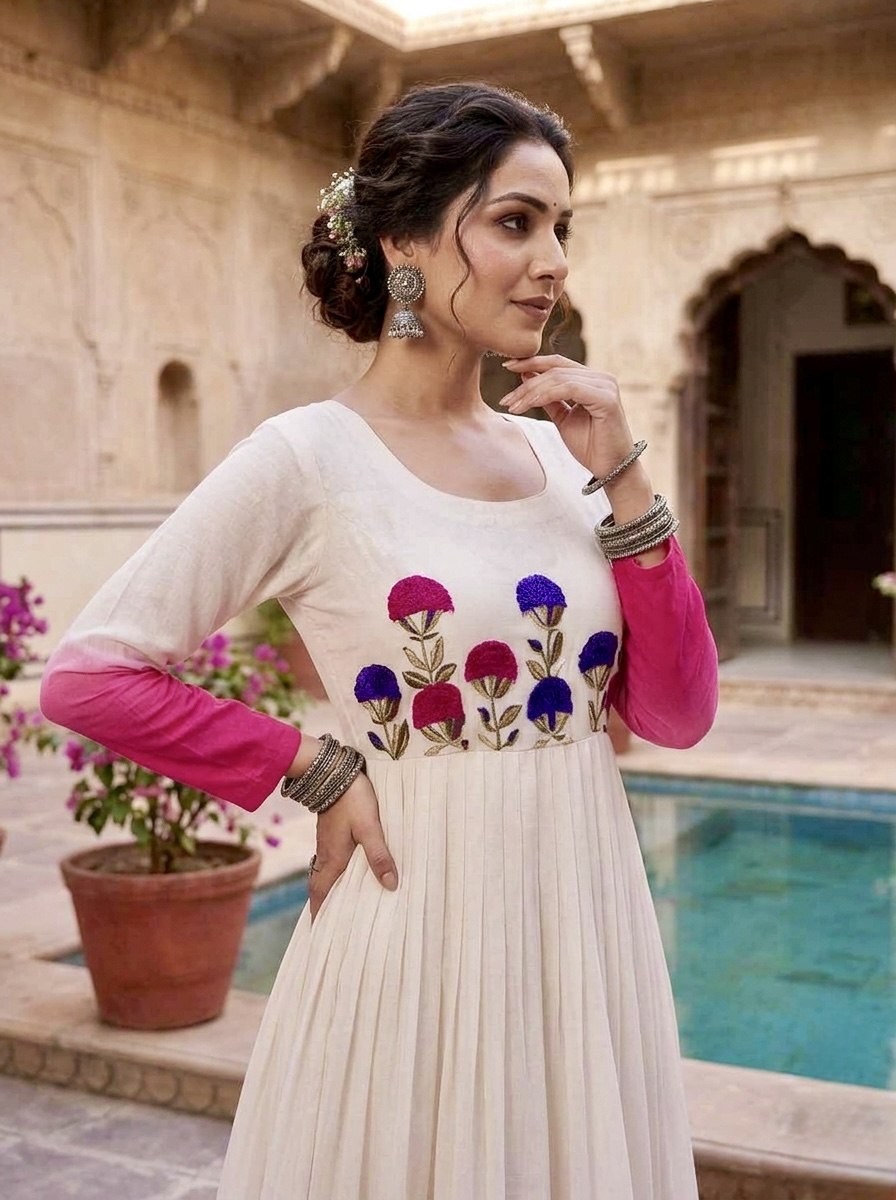 Women's Ombre Anarkali Gown | Floral Embroidered Cotton Blend Long Flared Ethnic Dress | Festive, Party & Casual Wear
