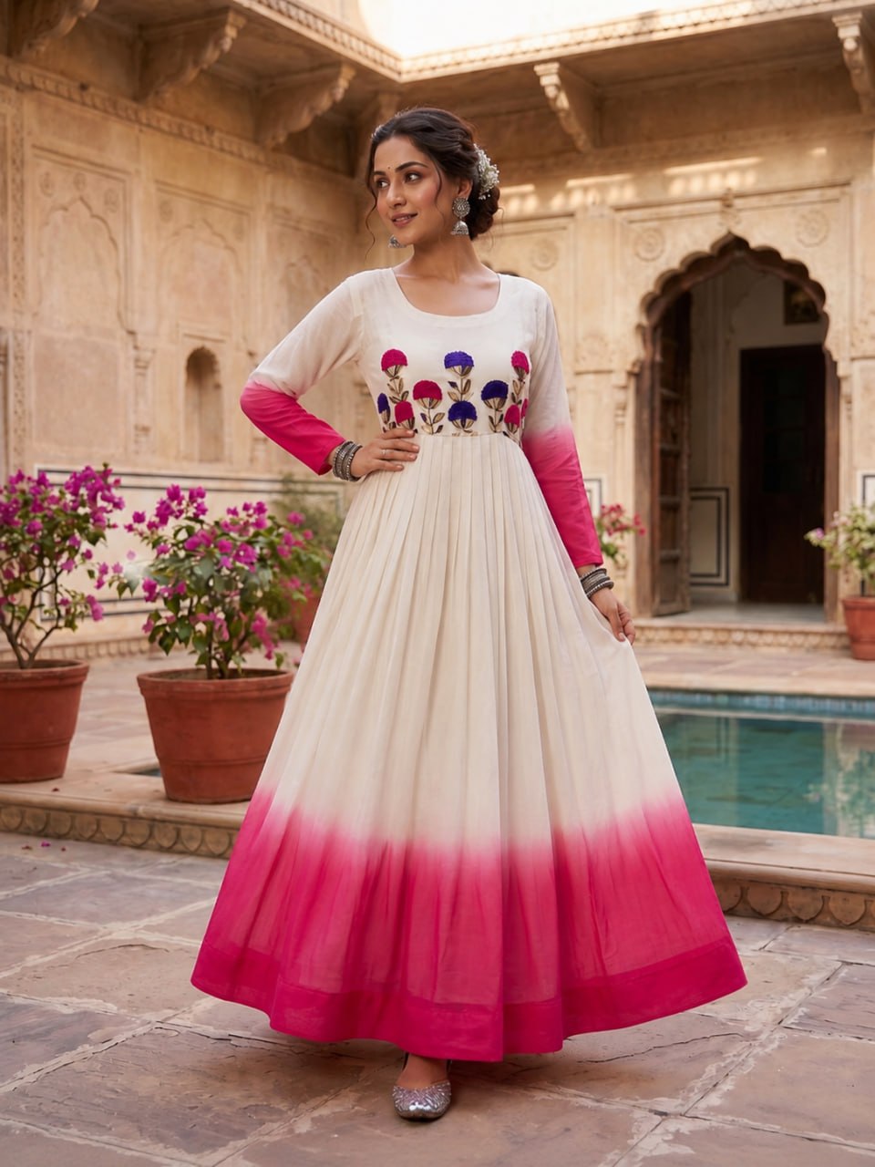 Women's Ombre Anarkali Gown | Floral Embroidered Cotton Blend Long Flared Ethnic Dress | Festive, Party & Casual Wear