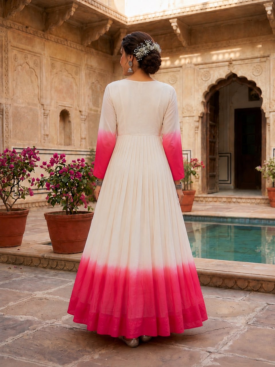 Women's Ombre Anarkali Gown | Floral Embroidered Cotton Blend Long Flared Ethnic Dress | Festive, Party & Casual Wear
