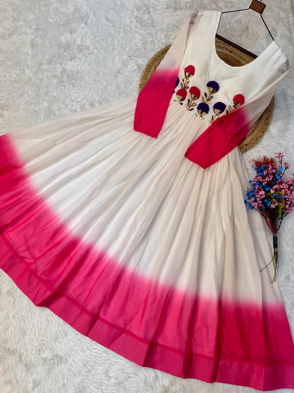 Women's Ombre Anarkali Gown | Floral Embroidered Cotton Blend Long Flared Ethnic Dress | Festive, Party & Casual Wear