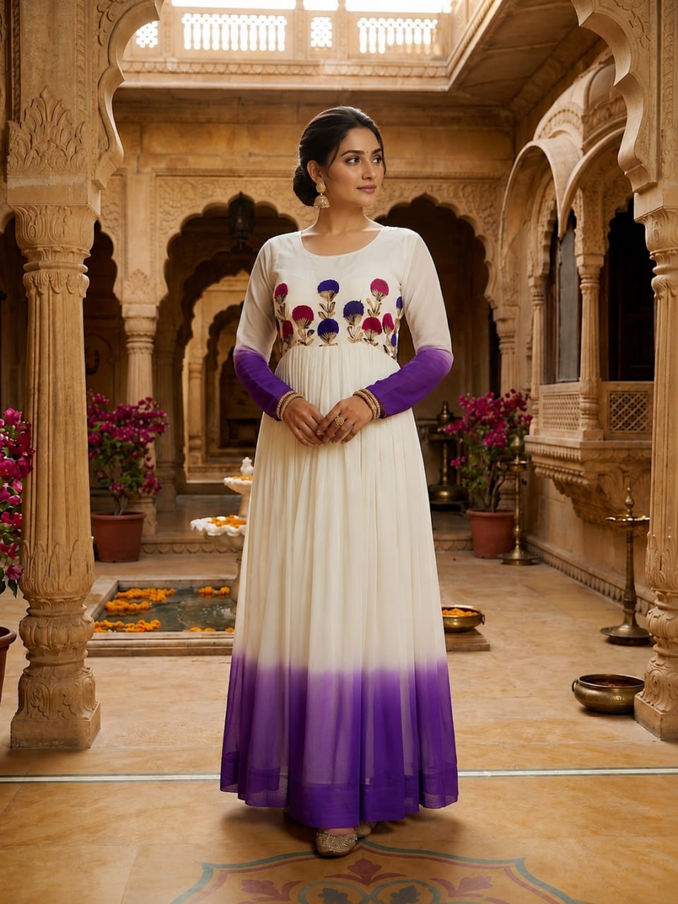 Women's Ombre Anarkali Gown | Floral Embroidered Cotton Blend Long Flared Ethnic Dress | Festive, Party & Casual Wear