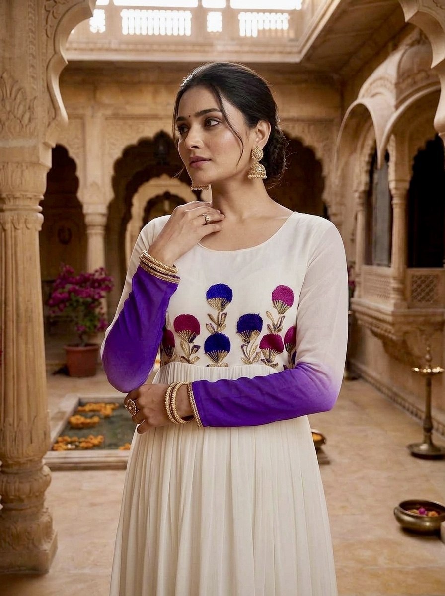 Women's Ombre Anarkali Gown | Floral Embroidered Cotton Blend Long Flared Ethnic Dress | Festive, Party & Casual Wear
