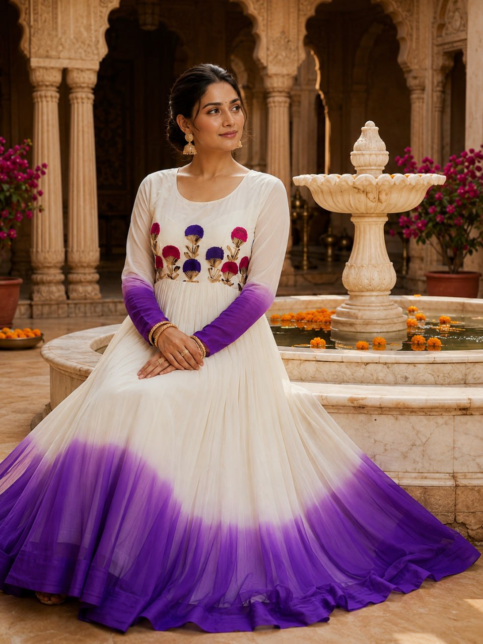 Women's Ombre Anarkali Gown | Floral Embroidered Cotton Blend Long Flared Ethnic Dress | Festive, Party & Casual Wear