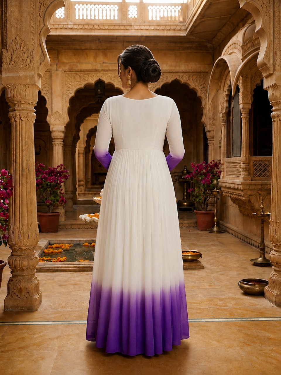 Women's Ombre Anarkali Gown | Floral Embroidered Cotton Blend Long Flared Ethnic Dress | Festive, Party & Casual Wear