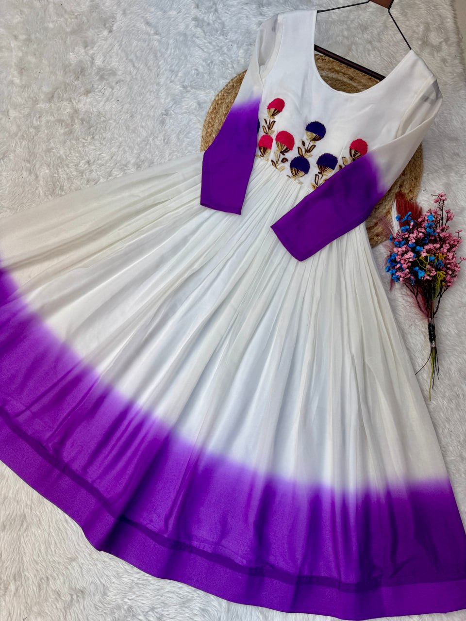 Women's Ombre Anarkali Gown | Floral Embroidered Cotton Blend Long Flared Ethnic Dress | Festive, Party & Casual Wear