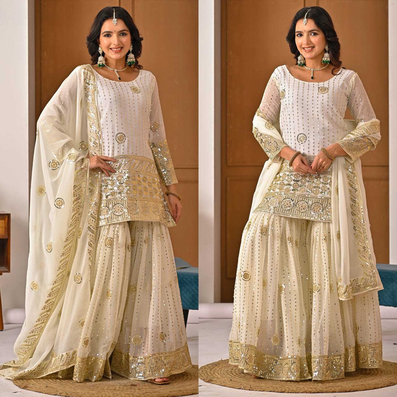 Cream Embroidered Sharara Suit Set for Women with Dupatta | Designer Festive & Wedding Wear Ethnic Outfit