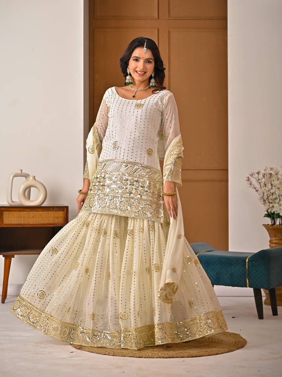 Cream Embroidered Sharara Suit Set for Women with Dupatta | Designer Festive & Wedding Wear Ethnic Outfit