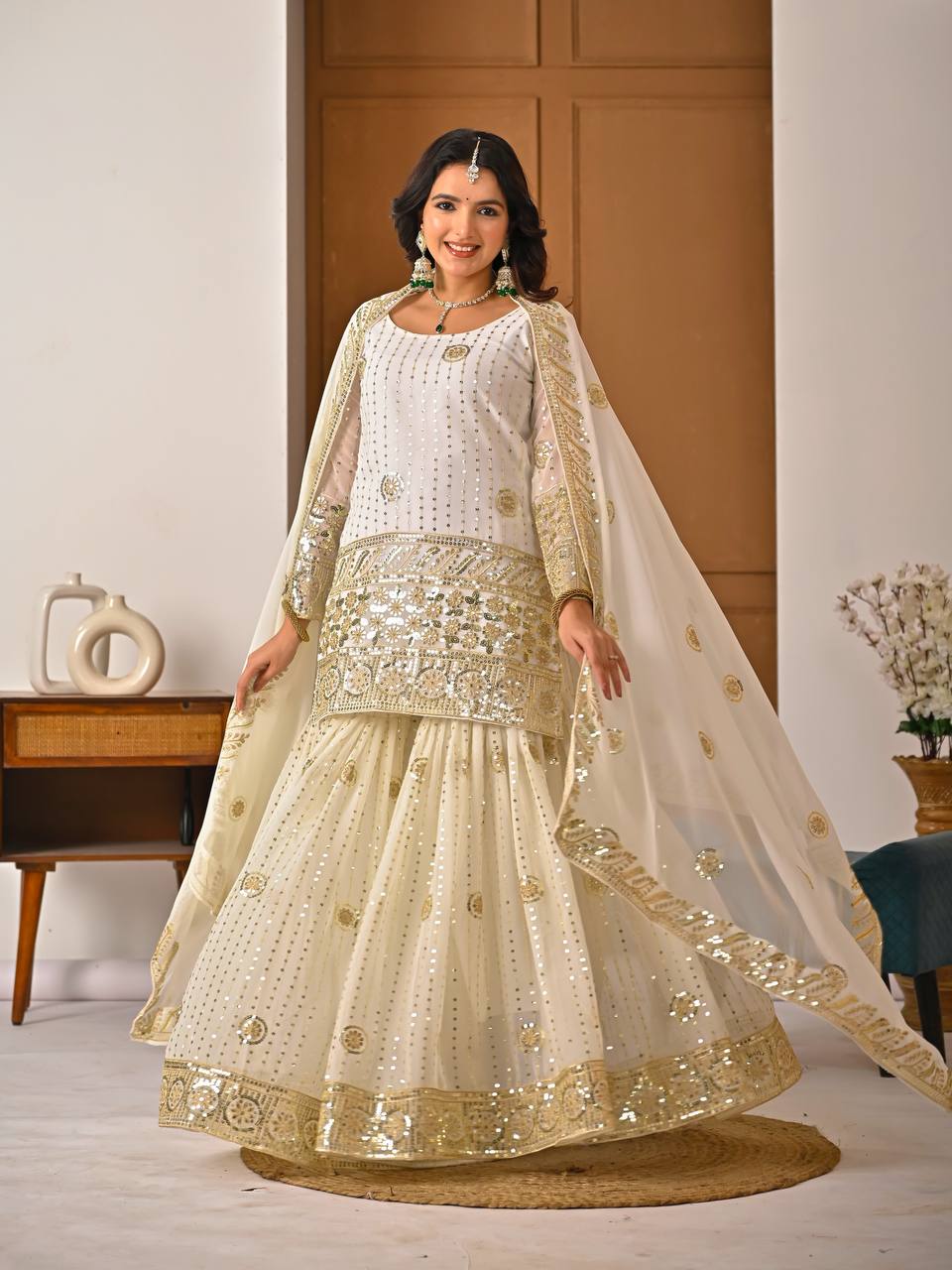 Cream Embroidered Sharara Suit Set for Women with Dupatta | Designer Festive & Wedding Wear Ethnic Outfit