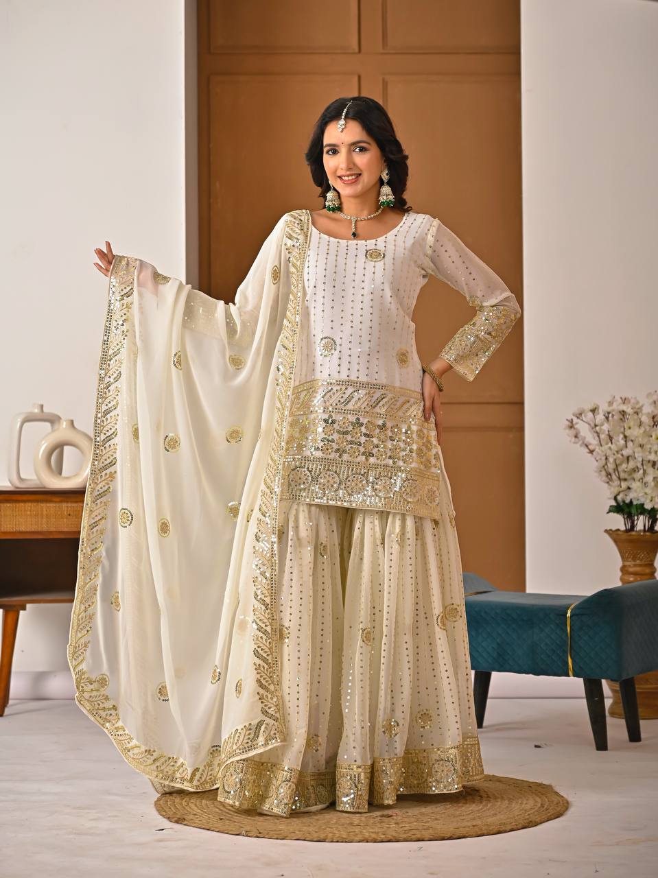 Cream Embroidered Sharara Suit Set for Women with Dupatta | Designer Festive & Wedding Wear Ethnic Outfit