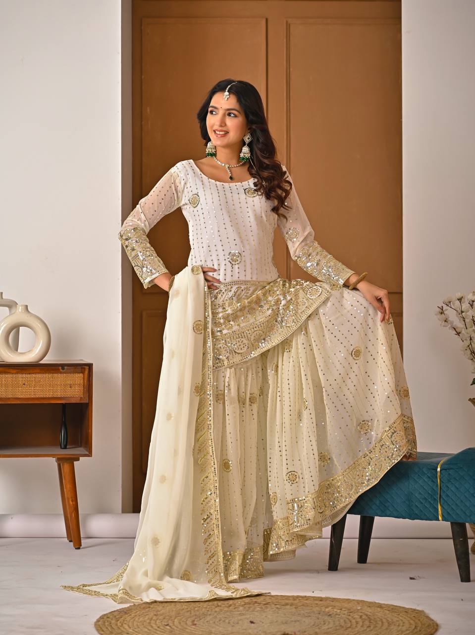 Cream Embroidered Sharara Suit Set for Women with Dupatta | Designer Festive & Wedding Wear Ethnic Outfit