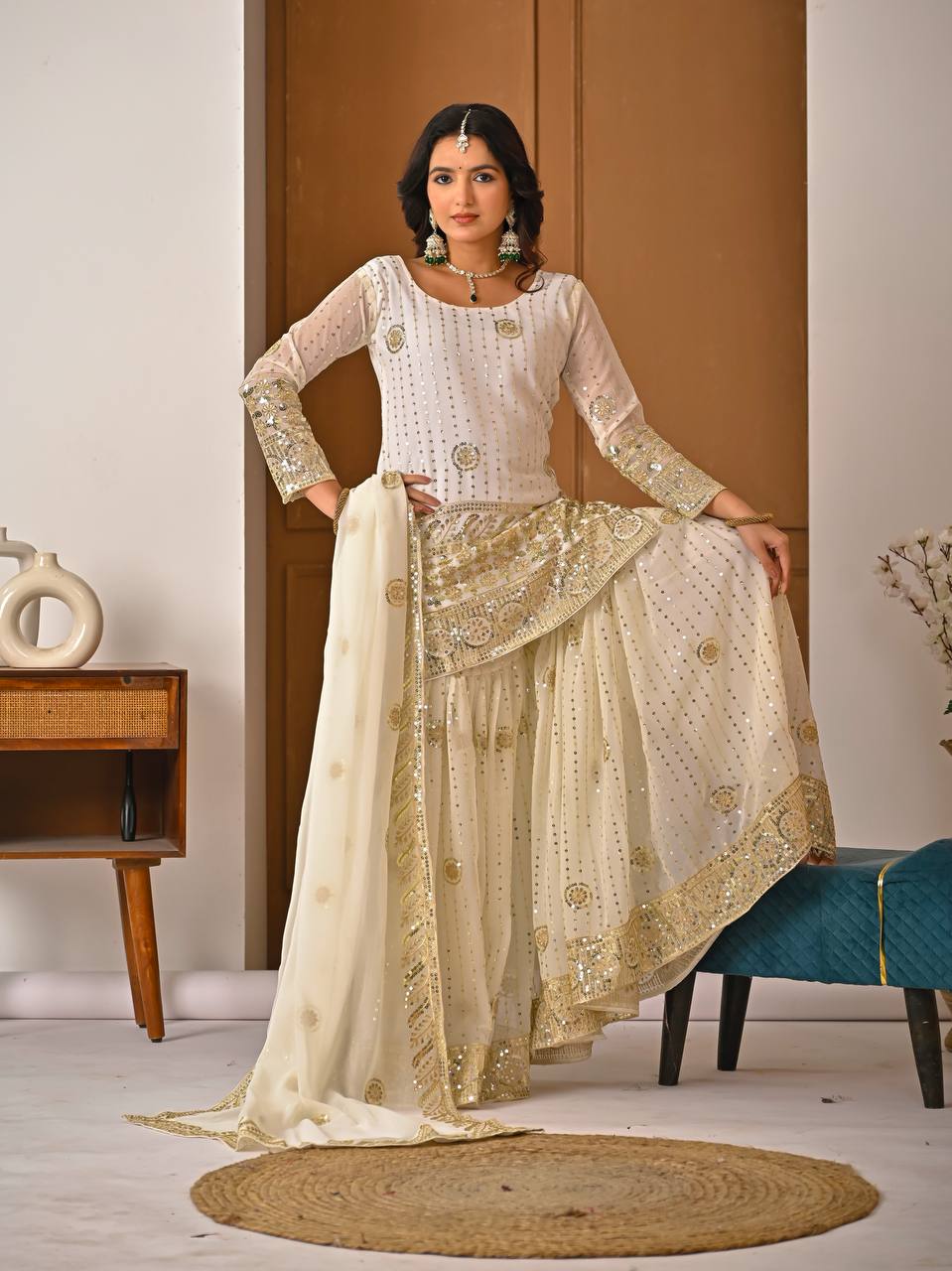 Cream Embroidered Sharara Suit Set for Women with Dupatta | Designer Festive & Wedding Wear Ethnic Outfit
