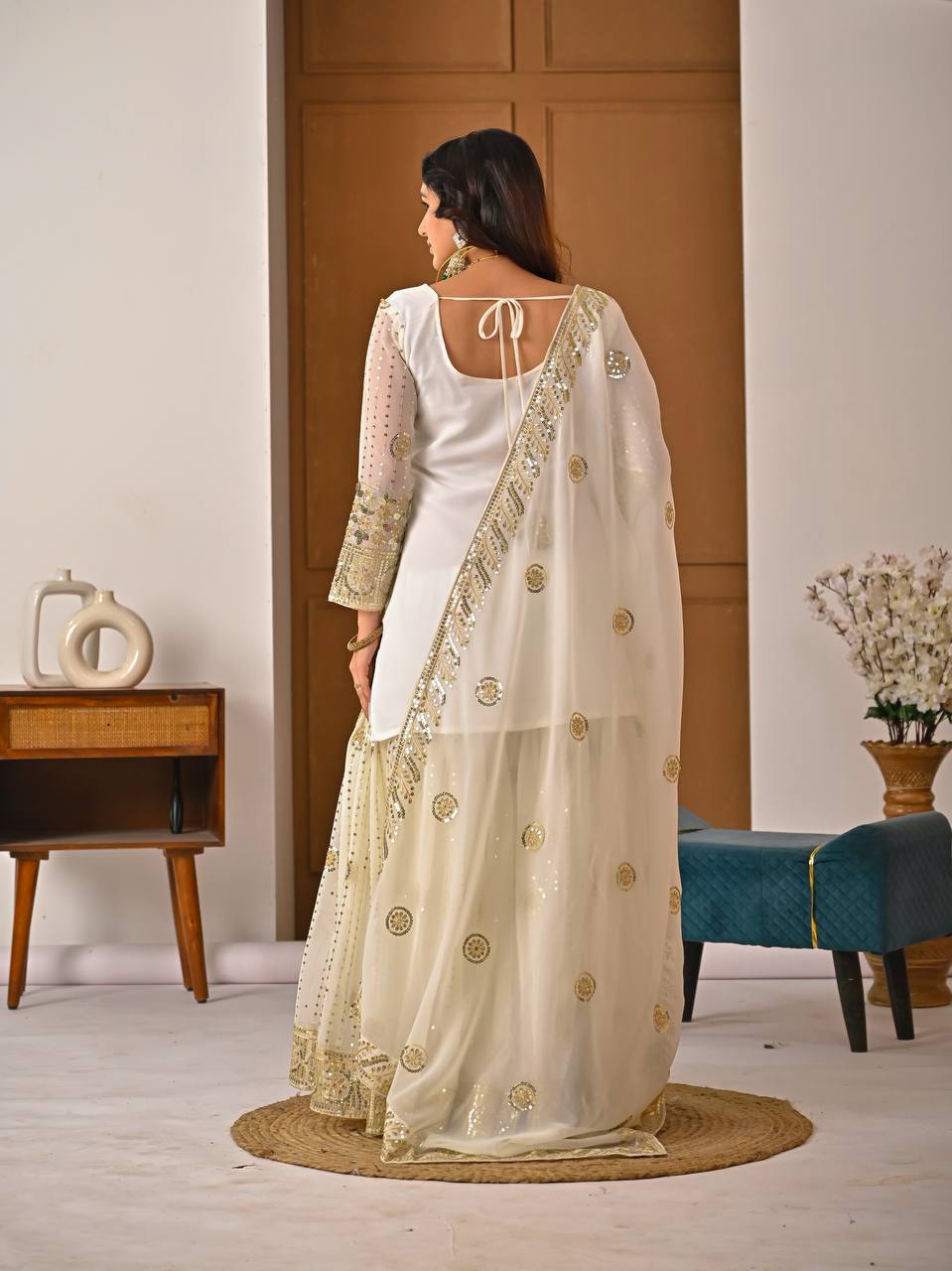 Cream Embroidered Sharara Suit Set for Women with Dupatta | Designer Festive & Wedding Wear Ethnic Outfit