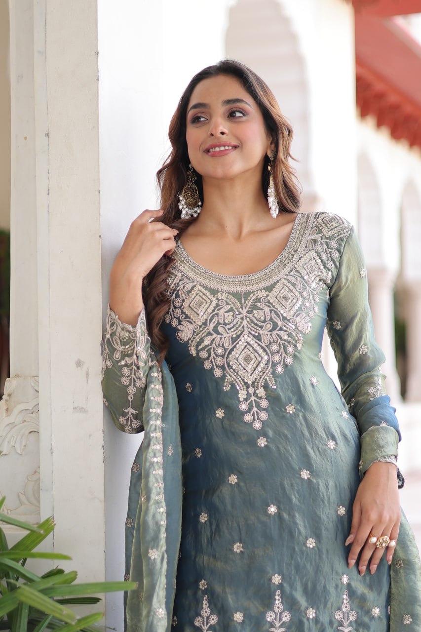Smoke Gray Fendi Silk Coding Sequins Embroidered Kurti with Sharara & Designer Dupatta – Full Cotton Inner Party & Festive Wear Set