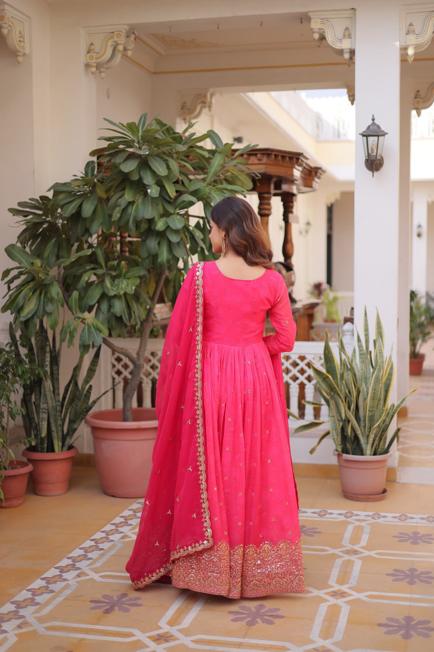 Pink Embroidered Anarkali Gown with Dupatta for Women | Designer Party Wear Ethnic Dress